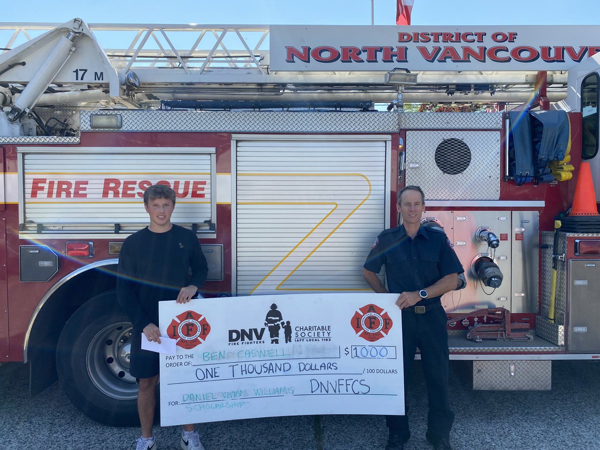 dnvfirecharity's tweet photo. Congratulations Ben Caswell on your graduation and as the recipient of our Daniel Vivian Williams scholarship, the future is yours Ben! #dnvfirecharity #northvanstrong https://t.co/oyf8kk48Vh