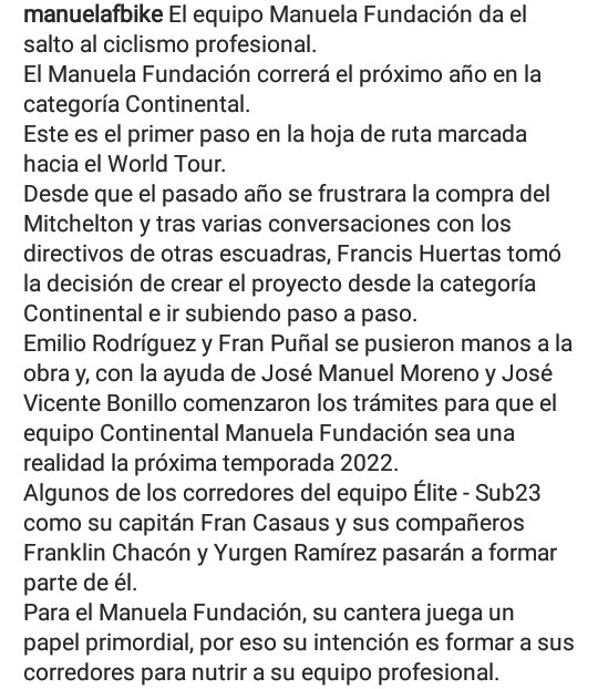 #Ciclismo El equipo @manuelafbike  🇪🇸🚴‍♂️ anunció que darán el salto al ciclismo categoría Profesional. Correrá el próximo año 2022 en la categoría continental 👏Gran Notícia para los corredores nuestros 🇻🇪🚴‍♂️ <a href="/franklinchacon5/">Franklin Chacón</a> y Yurgen Ramírez. <a href="/VenPaisFuturo/">Vzla Pais de Futuro</a> <a href="/miguelubeto/">miguel ubeto training +</a>