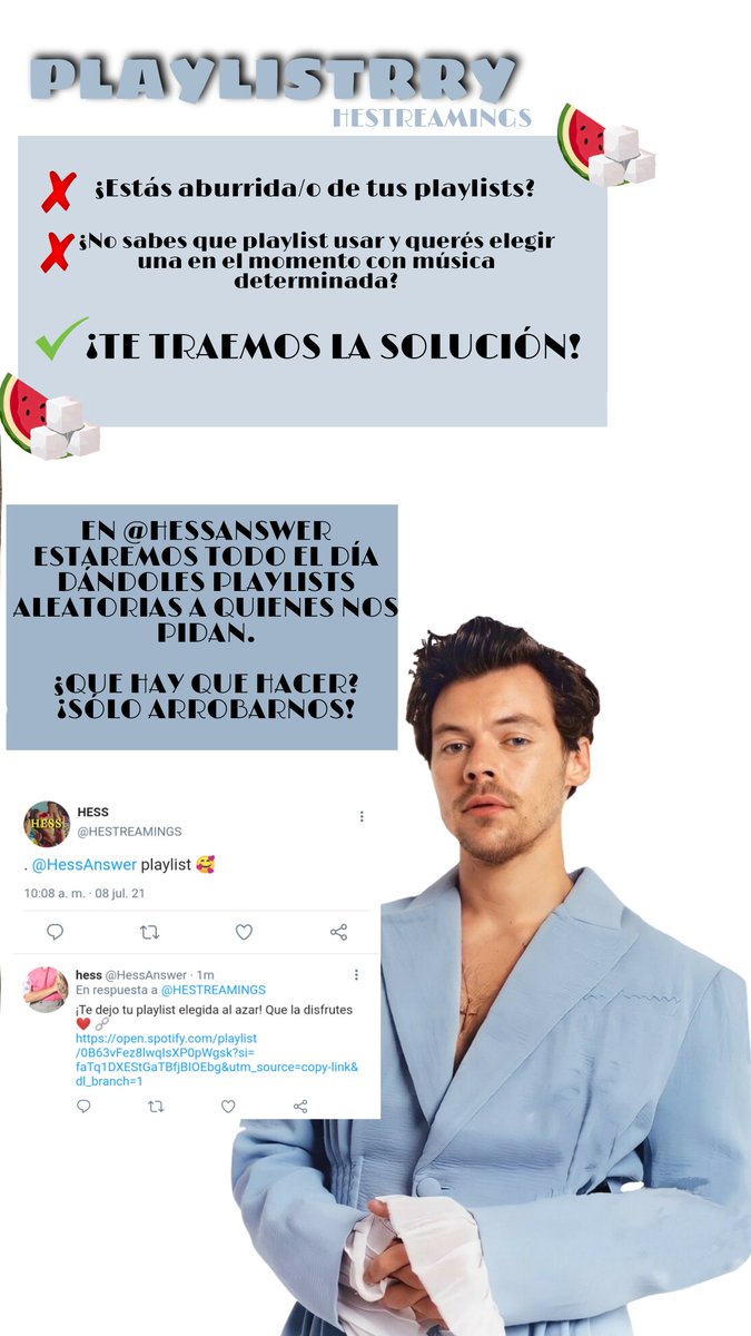 🚨| PLAYLISTRRY BOT 🥳

¿No sabes que playlist elegir? ¿No querés andar buscando playlists en hilos infinitos? ¡ESTA ES TU SOLUCIÓN!

Con solo ARROBARNOS (@) y escribir "playlist" te daremos una playlist aleatoria para que puedas usar en el momento.
¡Podes pedirnos un género!