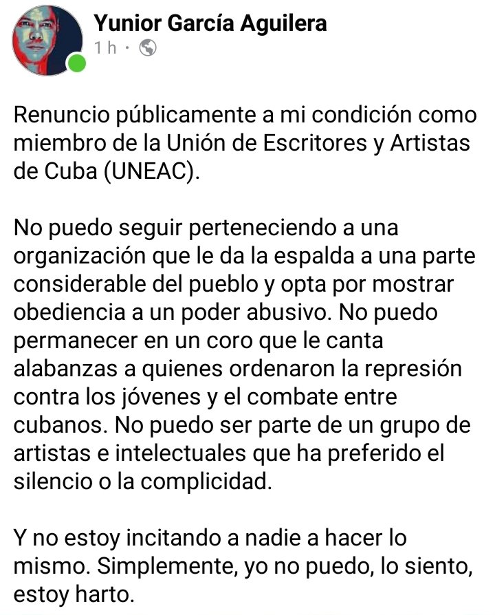 yuniortrebol's tweet photo. Renuncio públicamente a mi condición como miembro de la Unión de Escritores y Artistas de Cuba (UNEAC). https://t.co/WGTO1Pgo8g