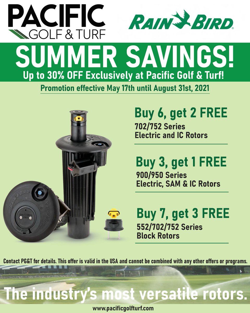 PacificGolfTurf's tweet image. Don't forget about our Rain Bird Summer Savings at Pacific Golf &amp;amp; Turf! SAVE up to 30% off your @RainBirdGolf Rotor purchases today! Contact us for complete details.
