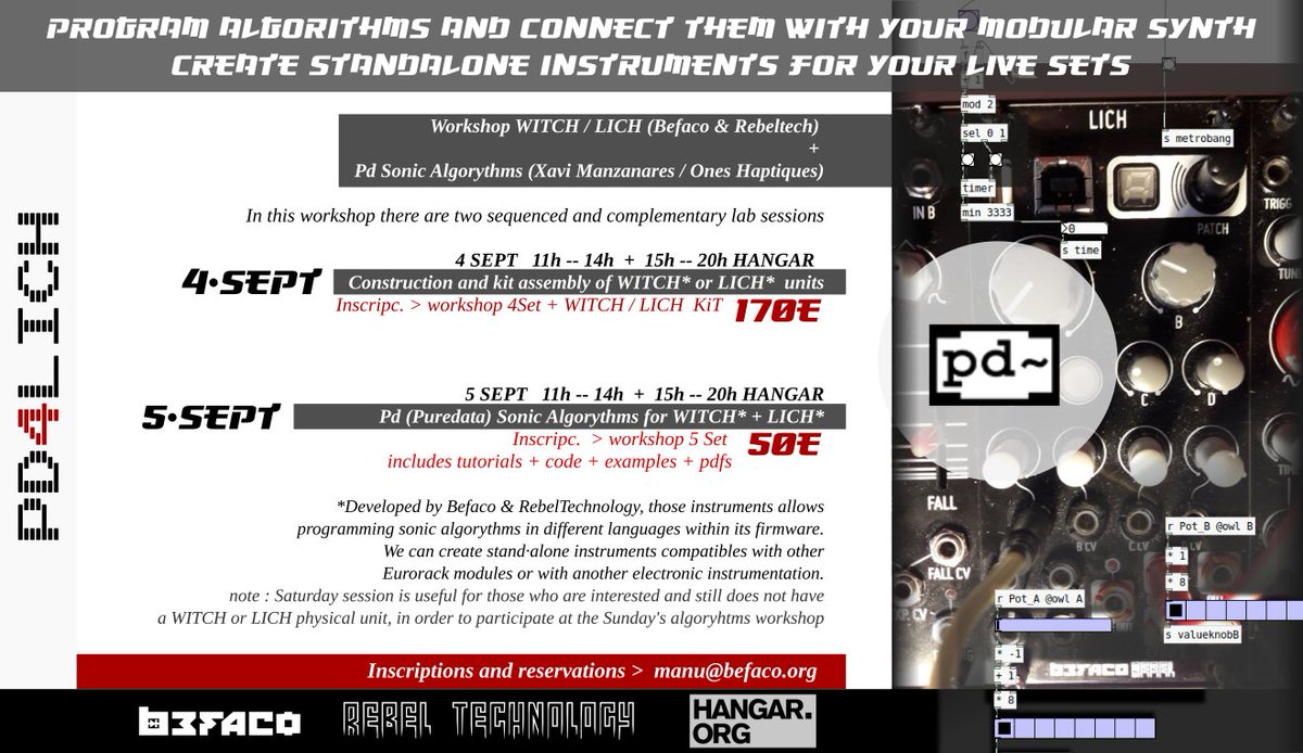 Xa.Manzanares 🍉 (@txa) on Twitter photo Modular Synth + Sonic Coders Enthusiasts > Cannot miss this :
Workshop in 4+5 September BCN <a href="/Hangar_org/">Hangar.org</a>
#Modular #puredata
inscriptions info in the banner
cc <a href="/BefacoJP/">Befaco JAPAN</a> <a href="/Befaco/">Befaco</a> <a href="/reaktorplayer/">reaktorplayer</a> <a href="/bzzzbip/">antònia folguera</a> <a href="/toplap_bcn/">TOPLAP Barcelona</a> <a href="/marti_Ruids/">マルティー ルイツ</a> @espejoacustico <a href="/OneDroneDay/">One Drone Day {ODD} </a> Modular Synth + Sonic Coders Enthusiasts > Cannot miss this :
Workshop in 4+5 September BCN <a href="/Hangar_org/">Hangar.org</a>
#Modular #puredata
inscriptions info in the banner
cc <a href="/BefacoJP/">Befaco JAPAN</a> <a href="/Befaco/">Befaco</a> <a href="/reaktorplayer/">reaktorplayer</a> <a href="/bzzzbip/">antònia folguera</a> <a href="/toplap_bcn/">TOPLAP Barcelona</a> <a href="/marti_Ruids/">マルティー ルイツ</a> @espejoacustico <a href="/OneDroneDay/">One Drone Day {ODD} </a>