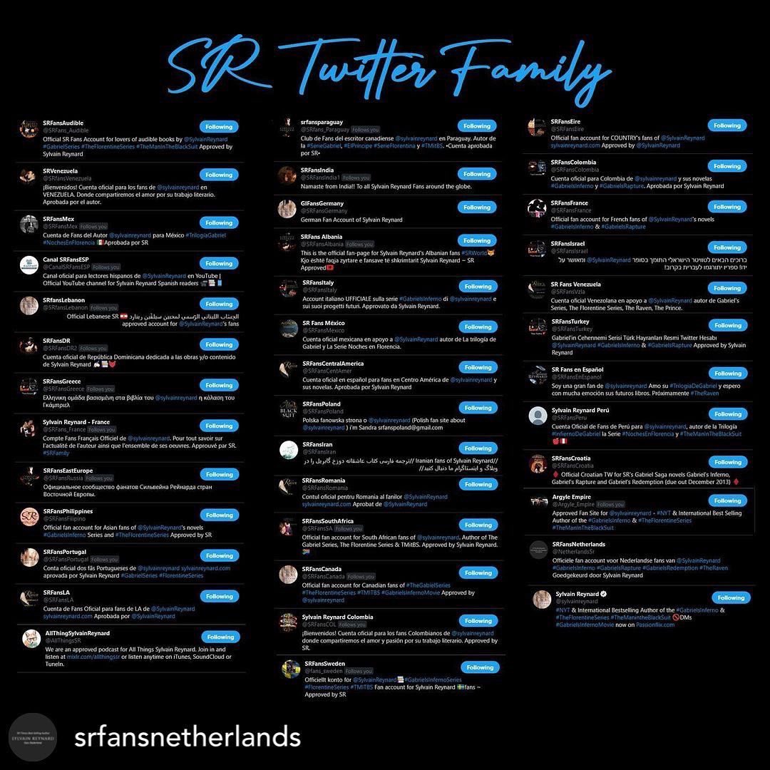 <a href="/sylvainreynard/">Sylvain Reynard</a> Will make a new SR family sheet on #ff I tried earlier this year to do a full family sheet, but I still missed fan accounts. If a SR fan account isn’t mentioned in the sheet beneath please message me so I can add you.