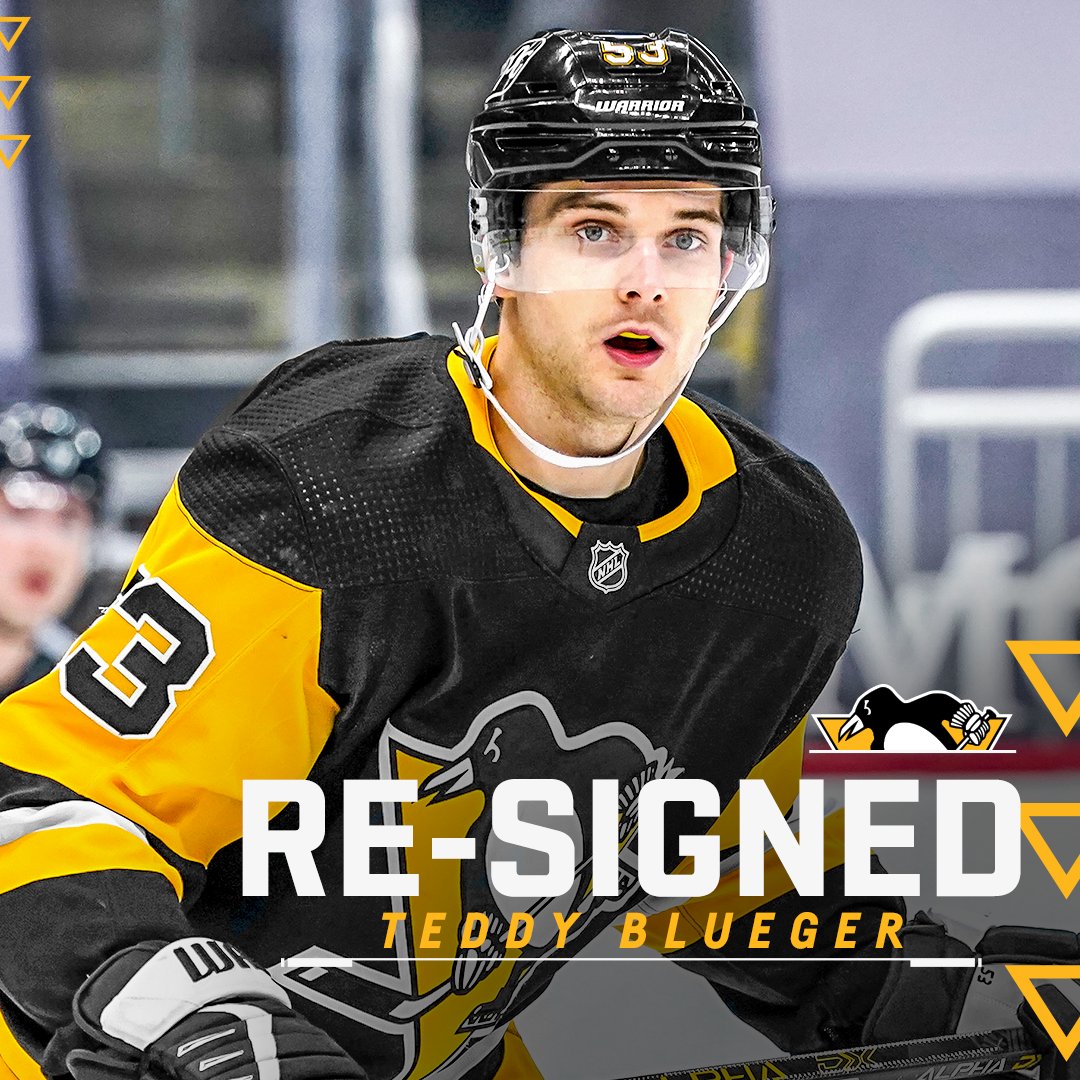 penguins's tweet photo. BIG NEWS! The Penguins have re-signed forward Teddy Blueger to a two-year contract.
 
The one-way deal will run through the 2022.23 campaign and carries an average annual value of $2.2 million.

Details: https://t.co/bVDehFIxVI https://t.co/htJcP23ri7