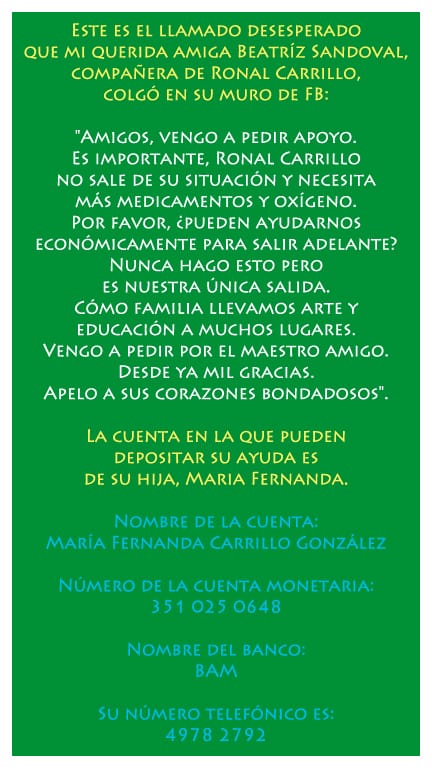 rayuelagt's tweet photo. #AyudaSocial Ronal Carrillo, amigo artista, fundador de la Escuela de Niños Pintores Frida Kahlo y creador de la fachada de Rayuela nos necesita. Apelamos a la comunidad de Rayuela para ayudar a su familia a conseguir los medicamentos y el oxígeno que necesita 🙏 https://t.co/kpdDh172LR