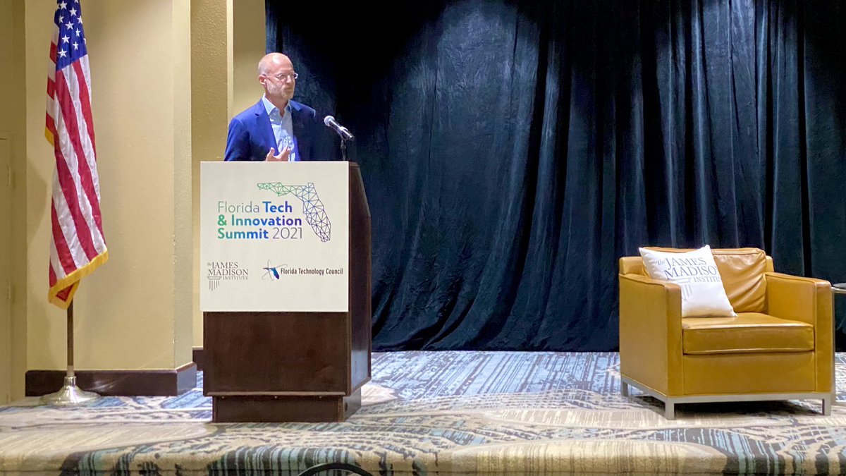 JmsMadisonInst's tweet photo. Wrapping up the first day of the #JMITechSummit2021 with an encouraging innovation-driven keynote from @BrendanCarrFCC on how Florida can embrace 5G. #FlaPol https://t.co/mXnChtPMQS