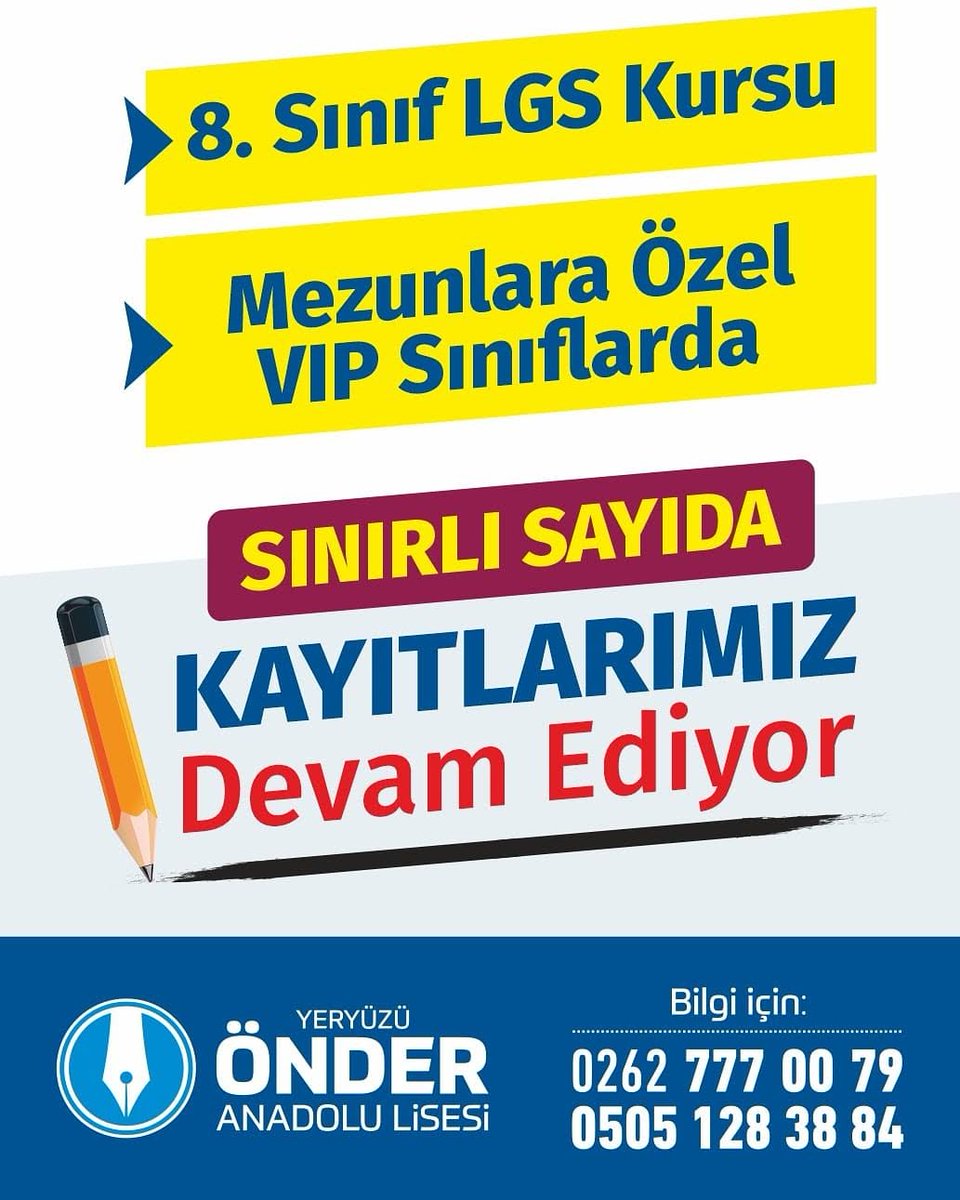 Kayıtlarımız sınırlı sayıda kontenjanla devam ediyor... Acele Edin şimdiden yerinizi alın....!!! 🔊🔊
İletişim için; 262 777 00 79 - 505 128 38 84
* 11 ve 12.sınıf TYT- AYT hazırlık kursu
* Mezun TYT-AYT Üniversite hazırlık kursu
* 8.Sınıf LGS hazırlık kursu
#üniversitehazırlık