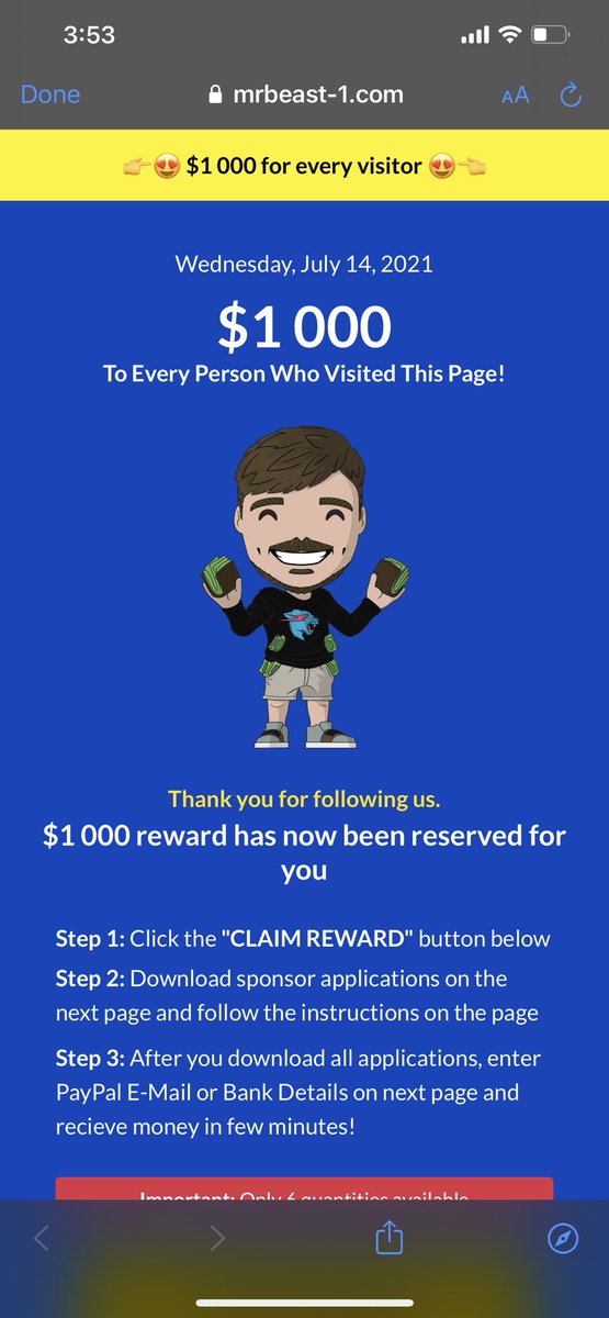 AcquireTheFire's tweet photo. @MrBeast there is an ad on youtube about you doing a $1,000 giveaway and i’m pretty sure it’s fake. I tried to screen record the ad but I didn’t do it in time. Here is a screenshot of the link to the website it sends me too when I click on the ad and what it shows on the website https://t.co/rDzWNGIA6M