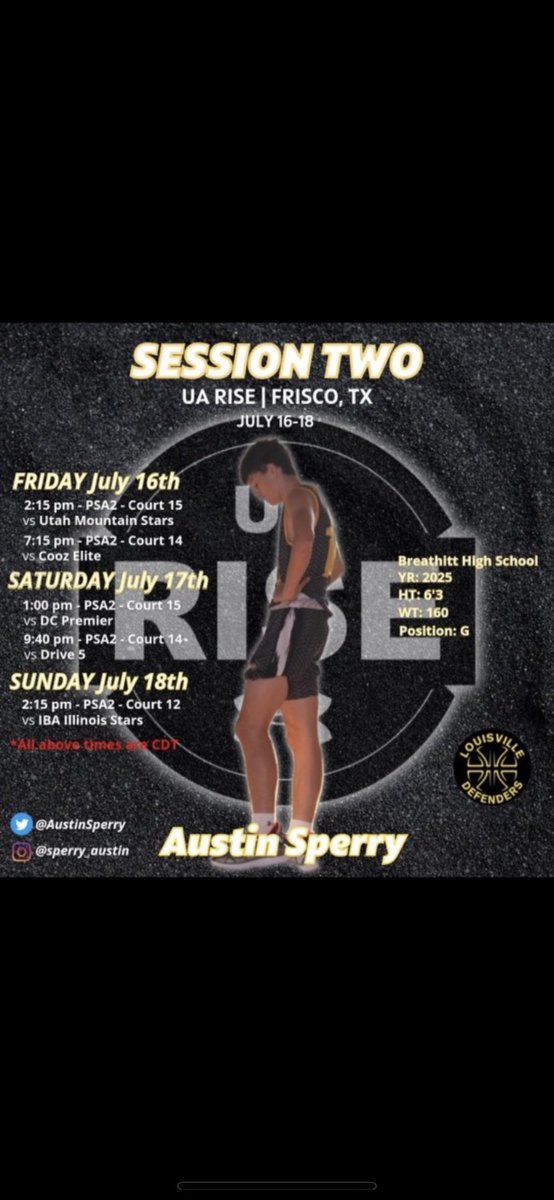 2025 6’3 PG <a href="/AustinSperry/">Austin Sperry</a> <a href="/BreathittBball/">Breathitt Bobcat Basketball</a> playing with <a href="/LvilleDefenders/">Louisville Defenders</a> on the UA Rise circuit in Frisco,TX this weekend.  <a href="/RetaliationMou1/">Retaliation Mountain Sports</a> <a href="/BluegrassBball/">Bluegrass Basketball</a> <a href="/BGSportsNation/">Bluegrass Sports Nation</a> <a href="/EliteZoneShow/">Elite Zone</a> @CamilleWYMT <a href="/EKYHSSports/">Eastern Kentucky High School Sports</a> <a href="/Aggiesbball/">Texas A&M Basketball</a> <a href="/TarletonMBB/">Tarleton State Men's Basketball</a> <a href="/MeanGreenMBB/">UNT Basketball</a> <a href="/TexasMBB/">Texas Men’s Basketball</a> <a href="/sfamensclub/">SFA Men’s Club Basketball</a>