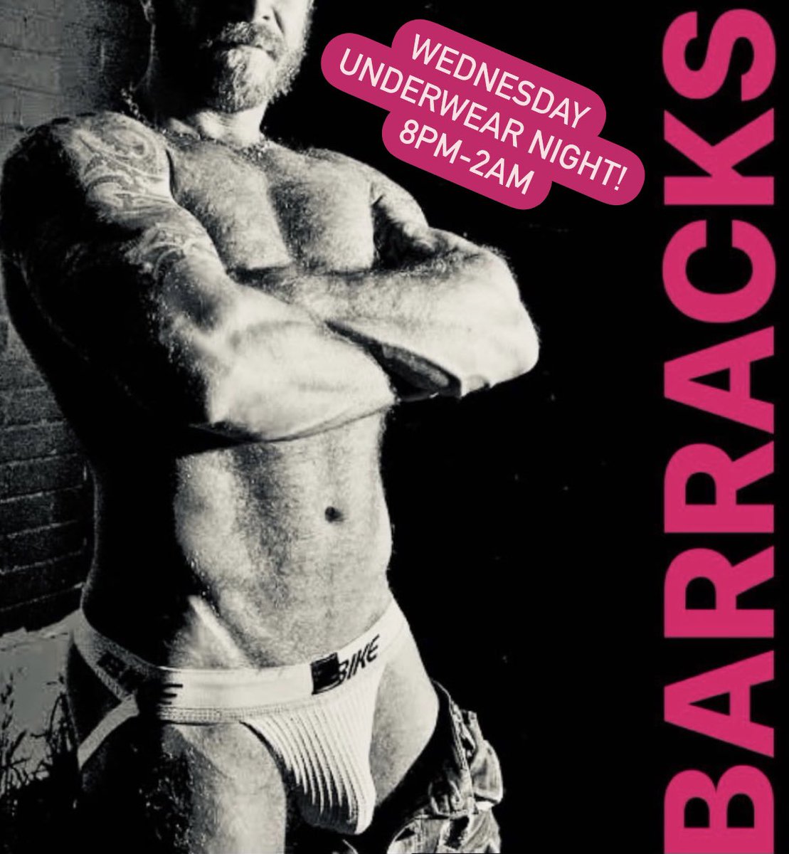 TheBarracksPS's tweet photo. Wednesday Underwear Night 8PM-2AM! Kyle, Ismael, and Michael tending bar for your thirst needs. Free clothes check. Plus Hot Gogos! Happy Hour begins at 2PM with Cruz. #underwearnight #gaybriefs #barracksbar #happyhour #stiffdrinks #underweargay #gayjockstraps https://t.co/dMUXciSbNz