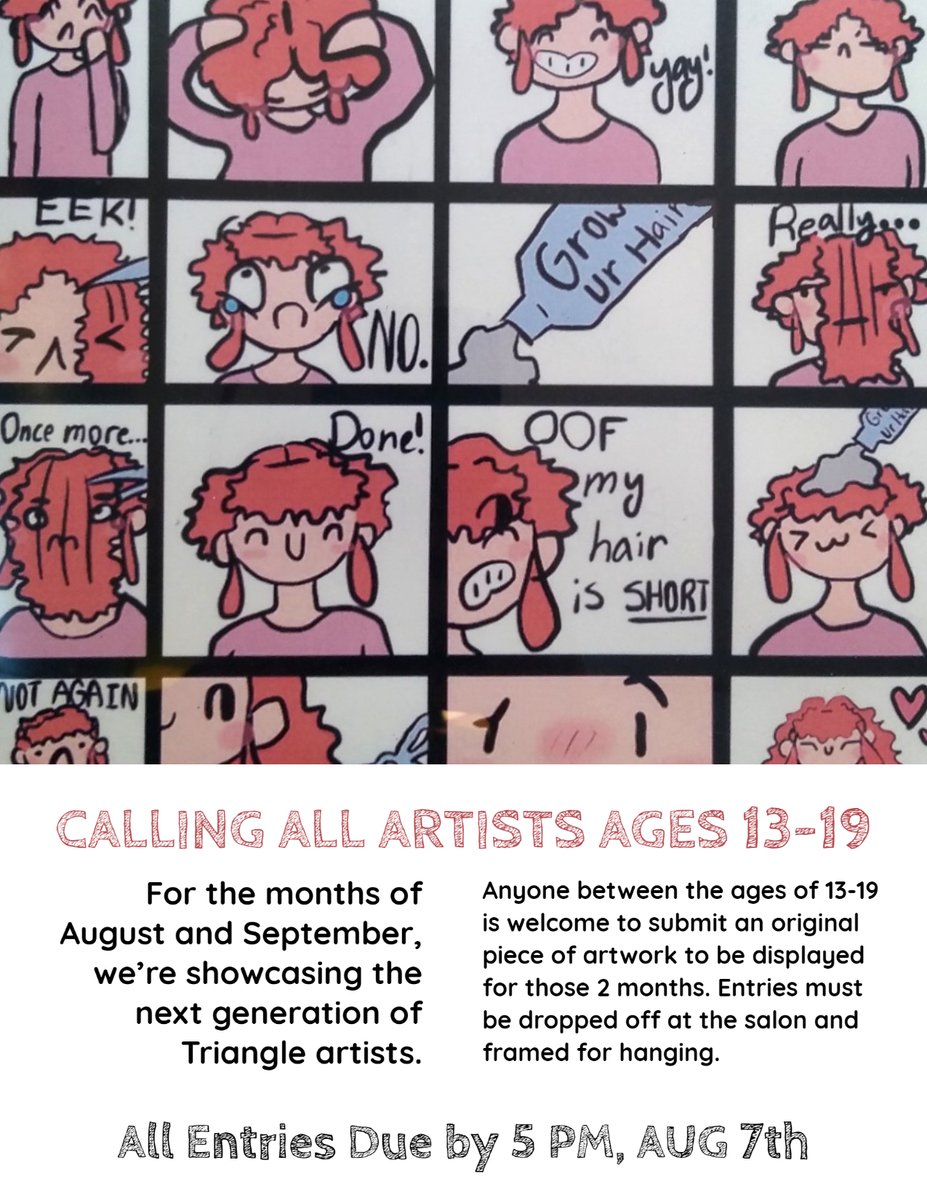 theBeehiveSalon's tweet photo. Calling all artists ages 13-19 in the Triangle! We want to display your artwork in the salon! #LocalArt #Carrboro #ChapelHill https://t.co/BjPpTSFbF8