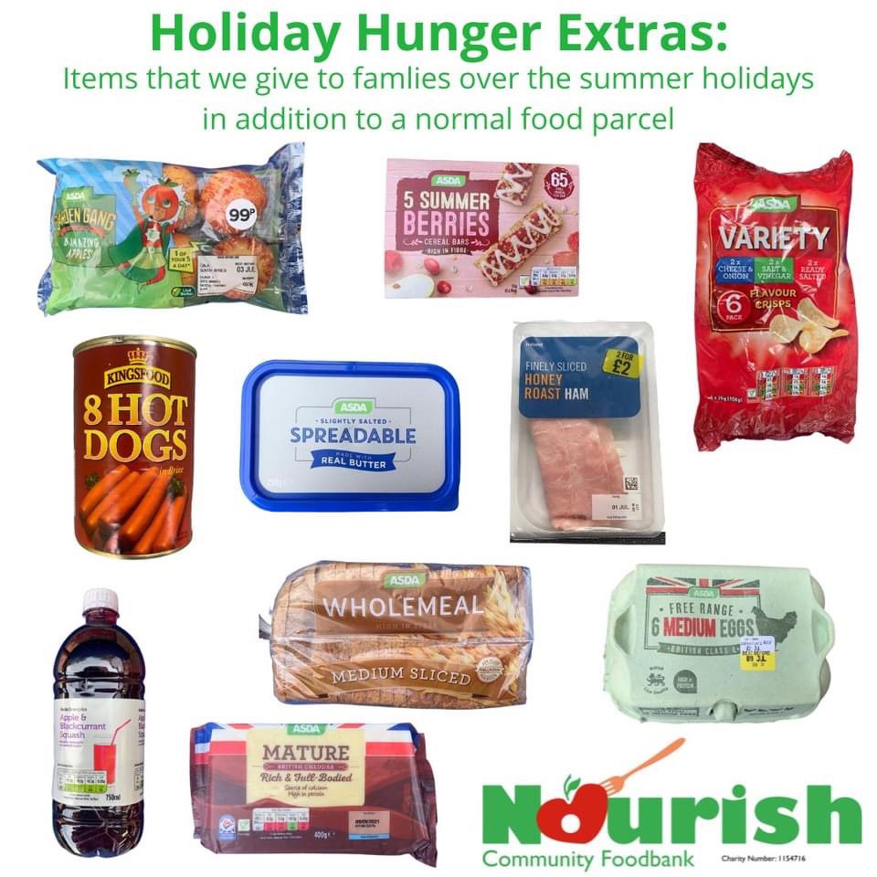 NourishFoodbank's tweet photo. By donating to our #hiddenholidayhunger campaign you can help to provide extras like these (for example) for our family bags throughout the #summerholidays. 

Text HUNGER to 70560 to donate £15 

( texts cost £15 plus one standard rate message) 

#ourtowncares #childpoverty https://t.co/YfNe6QHOhg