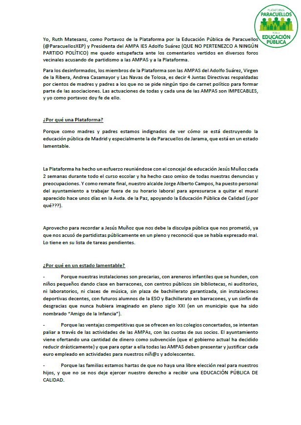 ParacuellosXEP's tweet photo. Queremos aclarar cual es el sentido de nuestra existencia, después de una semana de descalificaciones hacia algún AMPA en los grupos de vecinos de #Paracuellos en las redes sociales
Somos AMPAs sin ninguna vinculación a partidos políticos @CtrosPublicosYa
https://t.co/gikvzXfuTi https://t.co/XXgiCjAmK0