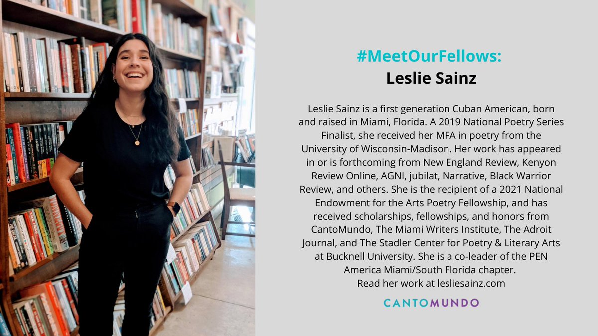 #MeetOurFellows: <a href="/lesannsai/">Leslie Sainz</a> (she/her) is a first generation Cuban American, born and raised in Miami, Florida. Her work has appeared in or is forthcoming from New England Review, Kenyon Review Online, AGNI, jubilat, Narrative, Black Warrior Review, and others. #CantoMundo #Poetry