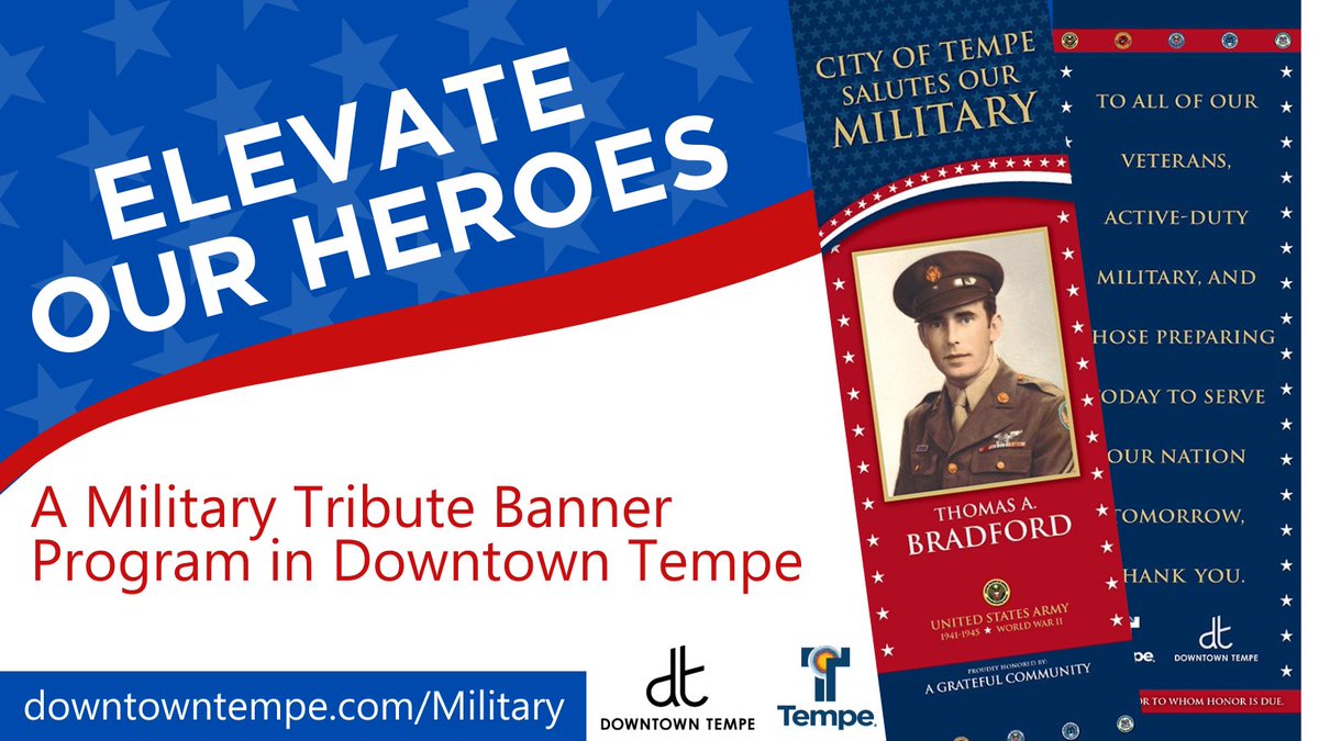 Have you heard the news? You can honor a military hero in your life with a tribute banner displayed in #DowntownTempe this November. Purchase your banner today. Space is limited. 

Order your banner at bit.ly/militarybanner