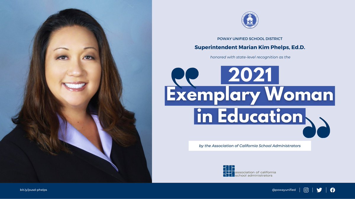 It is with great pride that we announce #PowayUnified Superintendent <a href="/mkimphelps/">Marian Kim Phelps, Ed.D.</a> is the <a href="/ACSA_info/">ACSA</a> "Exemplary Woman in Education" for 2021 🤩 Join us in congratulating Dr. Phelps on this prestigious and deserved achievement. Truly a beacon for #WomeninEd. bit.ly/pusd-phelps