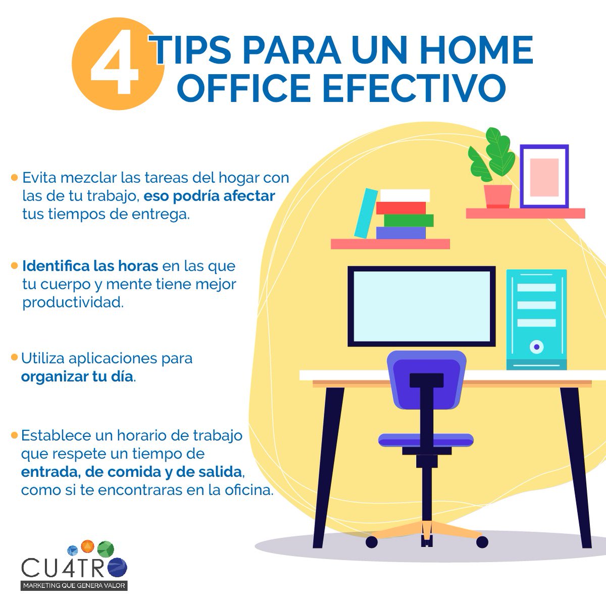 cu4tro_mx's tweet photo. ¿Eres de los suertudos que sigue trabajando desde casa? Toma nota porque en Cu4tromarketing te daremos algunos tips para que tu home office sea más cómodo y efectivo 🖋😌 https://t.co/RwJZiy1WsS