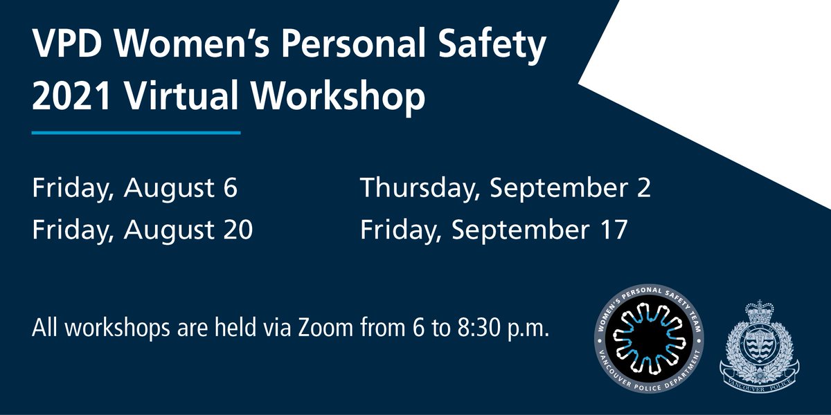 VancouverPD's tweet photo. Join the next #VPD Women’s Personal Safety virtual workshop! Various dates available. To register, email wpst@vpd.ca with ‘REGISTRATION’ in the subject line. Specify your preferred date, and include your full name and email contact. More info:  https://t.co/k4TCUZPZLL #WPST https://t.co/hOyzt40Ww2