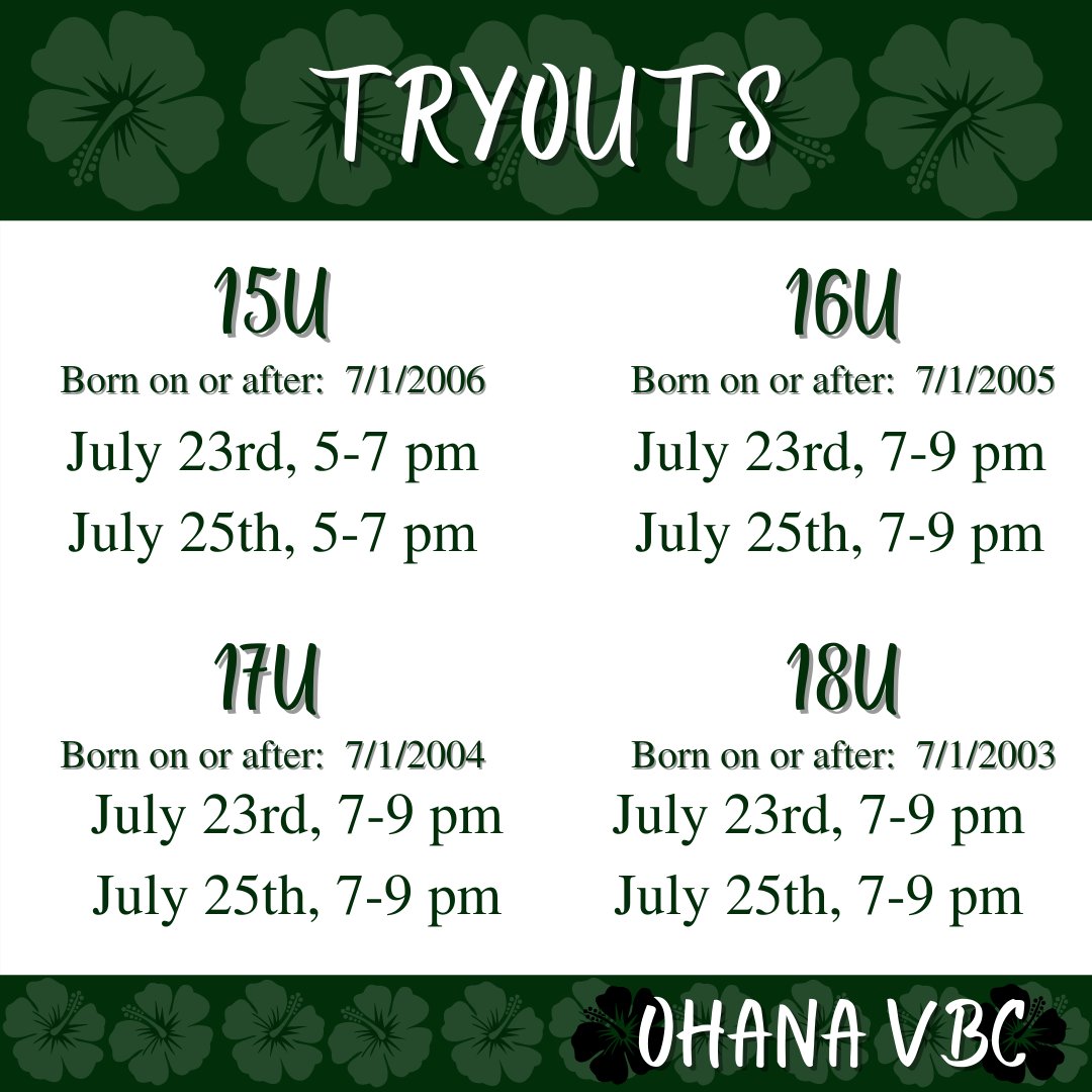 Tryouts are just around the corner! For more information and to register, go to ohanavbc.com/tryoutschedule.