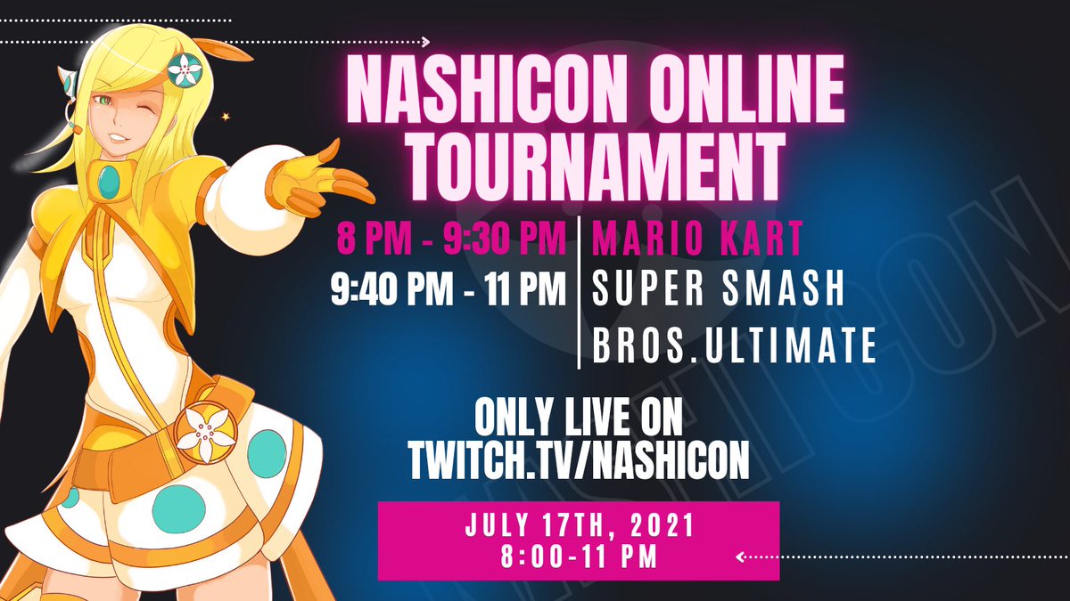 nashicon's tweet photo. We only have 3 days left until the tournament! Has anyone been practicing, or maybe the master plan is to just wing it?
Remember the games to take it all are Mario Kart and Super Smash Bros Ultimate. https://t.co/pObTIel2YJ