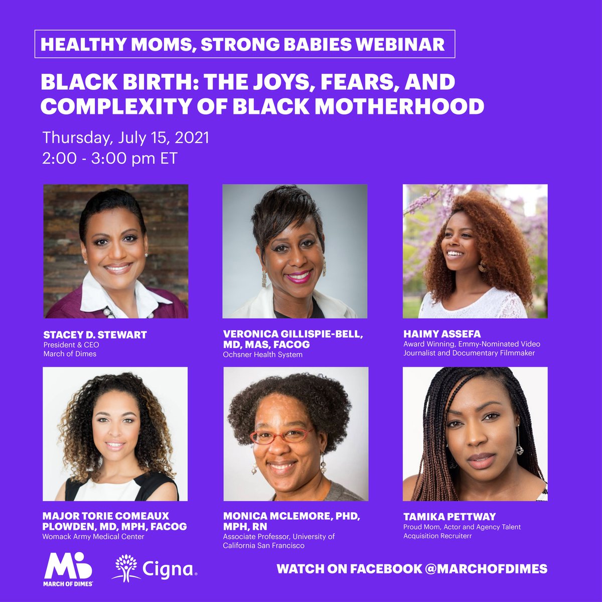 Join us tomorrow 7/15, 2pm ET, for our next Healthy Moms. Strong Babies: Black Birth: The Joys, Fears and Complexity of Black Motherhood w/ @marchofdimesceo, <a href="/NOLAobgyn/">Veronica Gillispie-Bell</a>, <a href="/haimyassefa/">Haimy Assefa</a>, <a href="/DrTorieCPlowden/">Dr. Torie Comeaux Plowden</a>, @mclemoremr and Tamika Pettway. Tune in live here: Facebook.com/marchofdimes