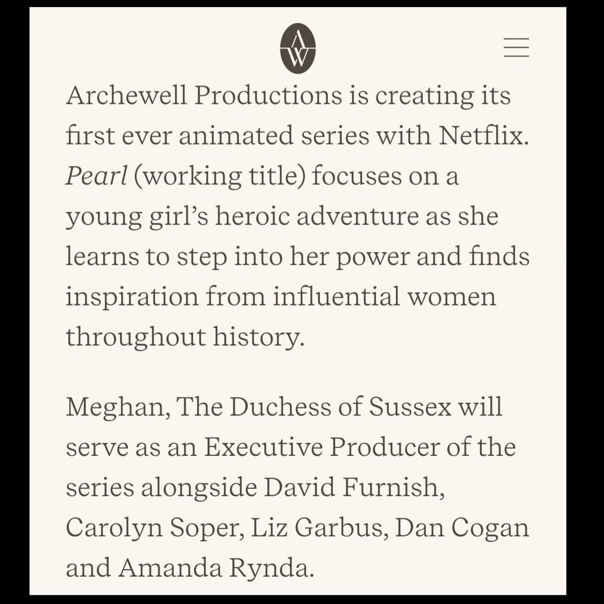 sussexdaily's tweet photo. #DuchessofSussex will be working alongside #DavidFurnish, #CarolynSoper, #LizGarbus, #DanCogan & #AmandaRynda for first ever animated series with #Netflix, #Pearl. #Meghan https://t.co/LeSTZYuASy