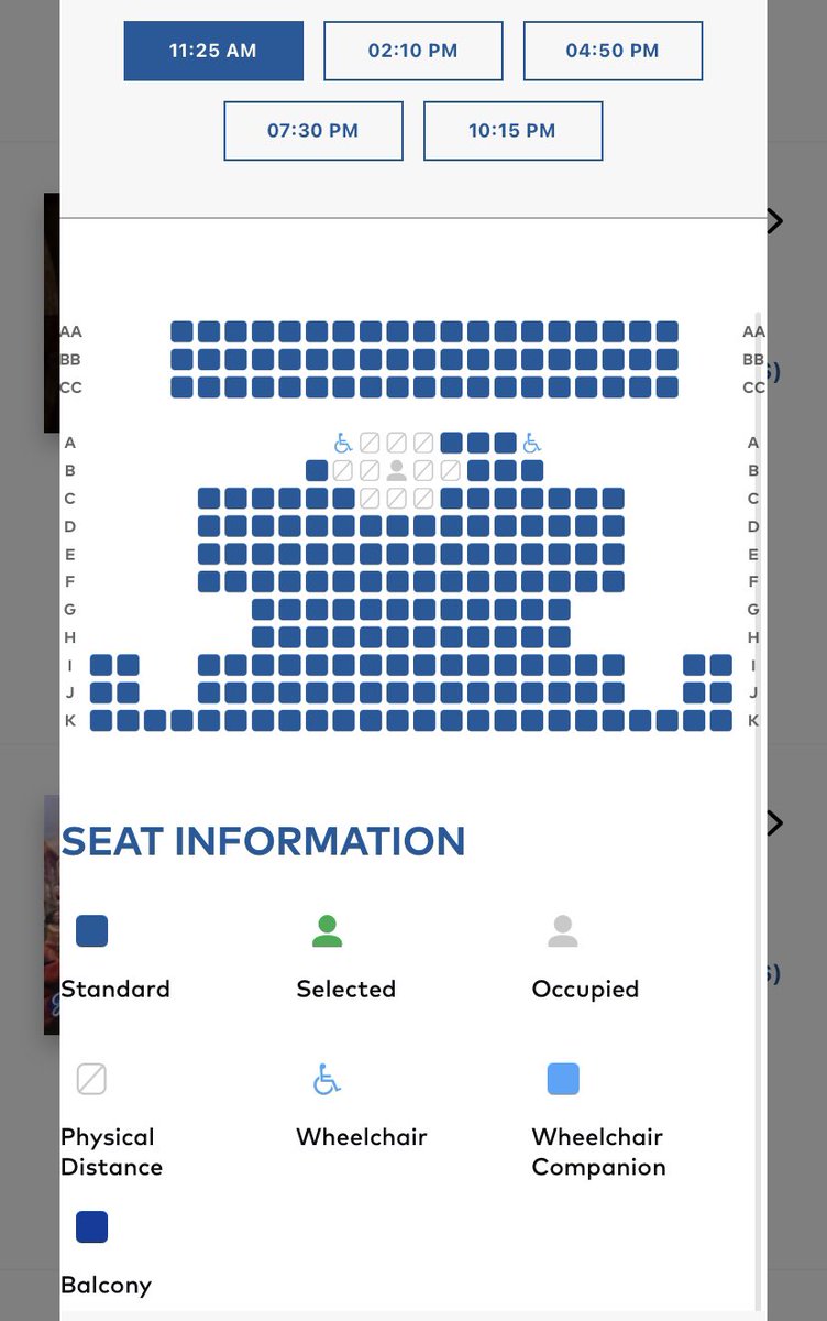 rachel_is_here's tweet image. With theatres in Ontario finally reopening on Friday, I appreciate the way Cineplex is displaying and blocking seating for physical distancing