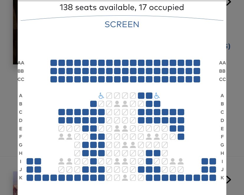 rachel_is_here's tweet image. With theatres in Ontario finally reopening on Friday, I appreciate the way Cineplex is displaying and blocking seating for physical distancing
