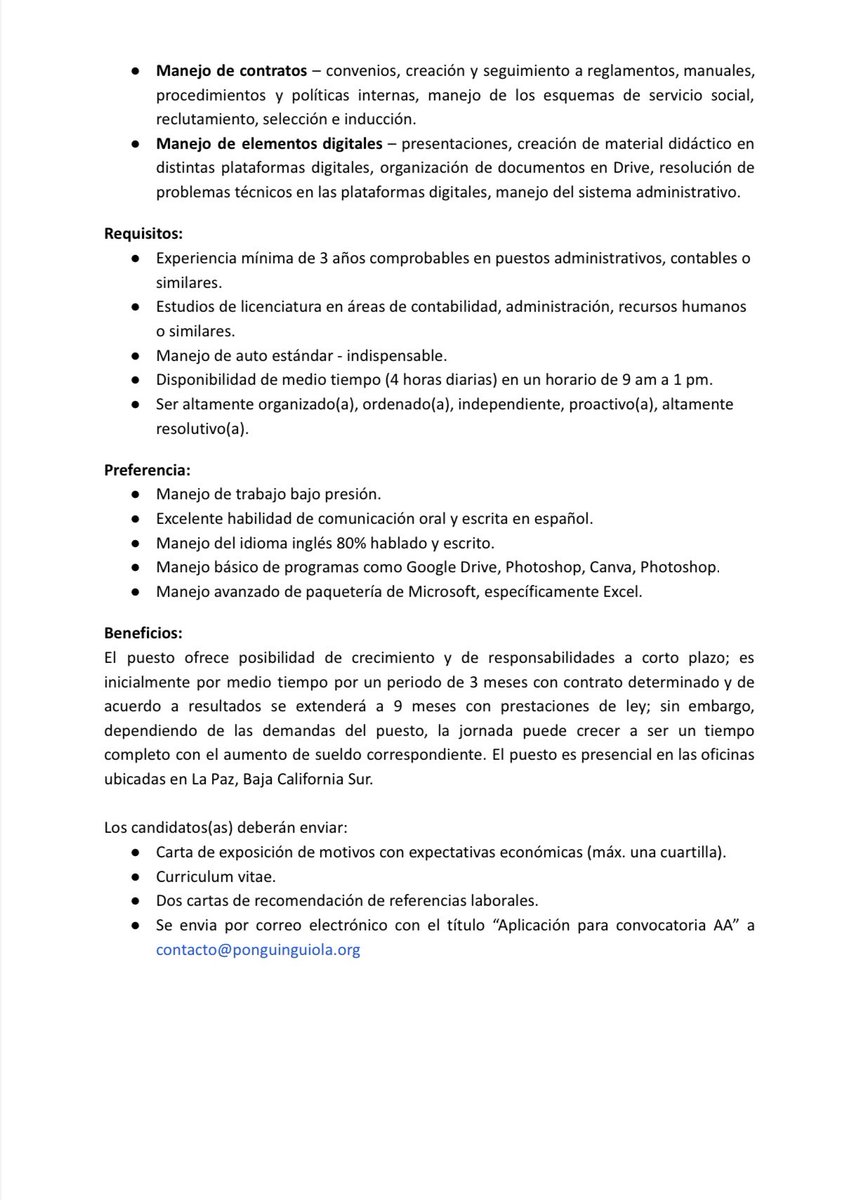 ¡Queremos que seas parte de nuestro equipo! Buscamos #AuxiliarAdministrativo 

Consulta toda la información en la publicación y envía los requisitos al correo de contacto@ponguinguiola.org. 

Cierre de la convocatoria 23 de Julio.