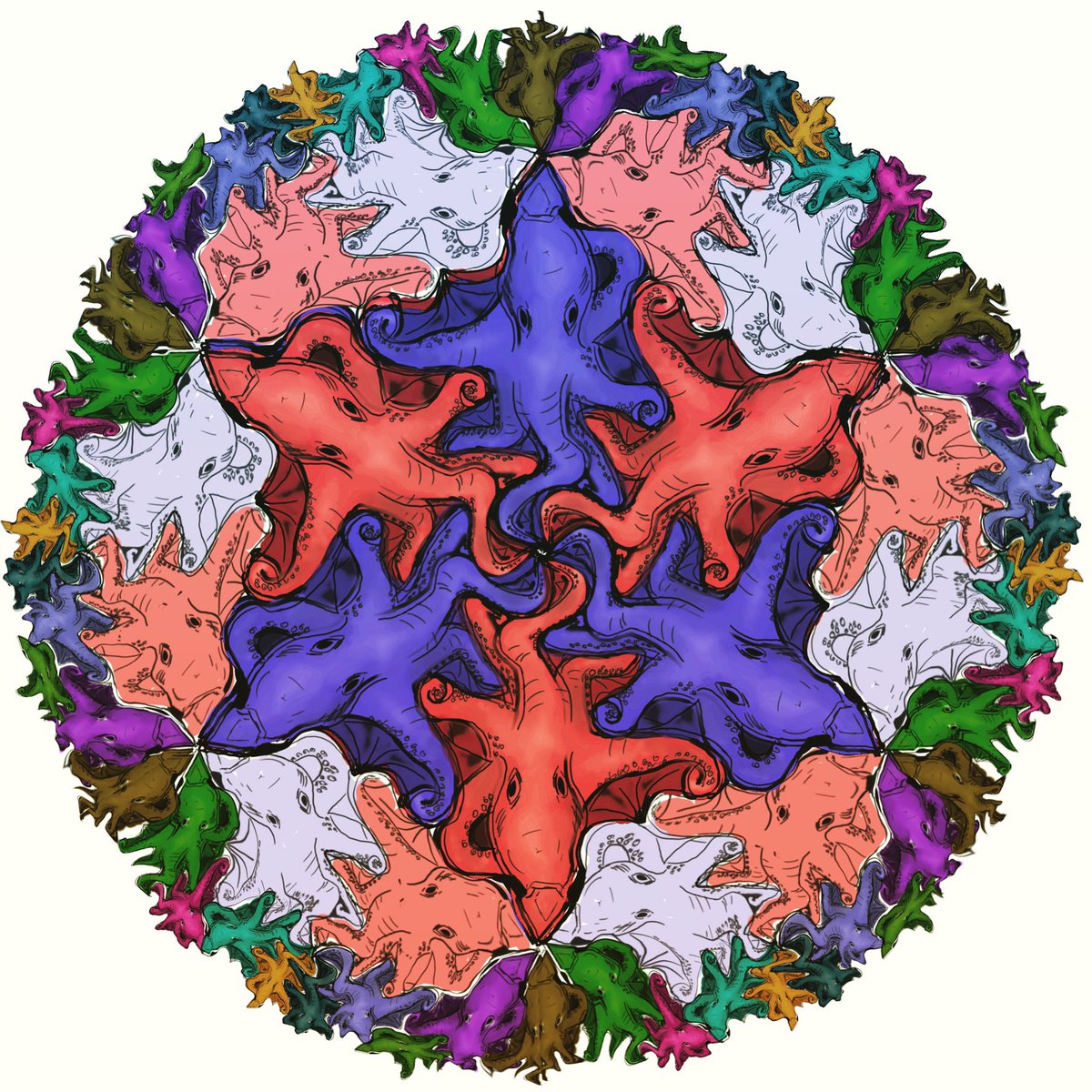ChloeTheCartog's tweet photo. My attempt at an octopus version of Esher’s circle limit, work in progress. And Its WAY harder than it looks, but I’m pleased with this so far. #escher #mcescher #escherart #escherstyle #circlelimit #parabolicart #tessellation #tessellations #octopus #octopuspattern #octopusart https://t.co/24IdevPCmU