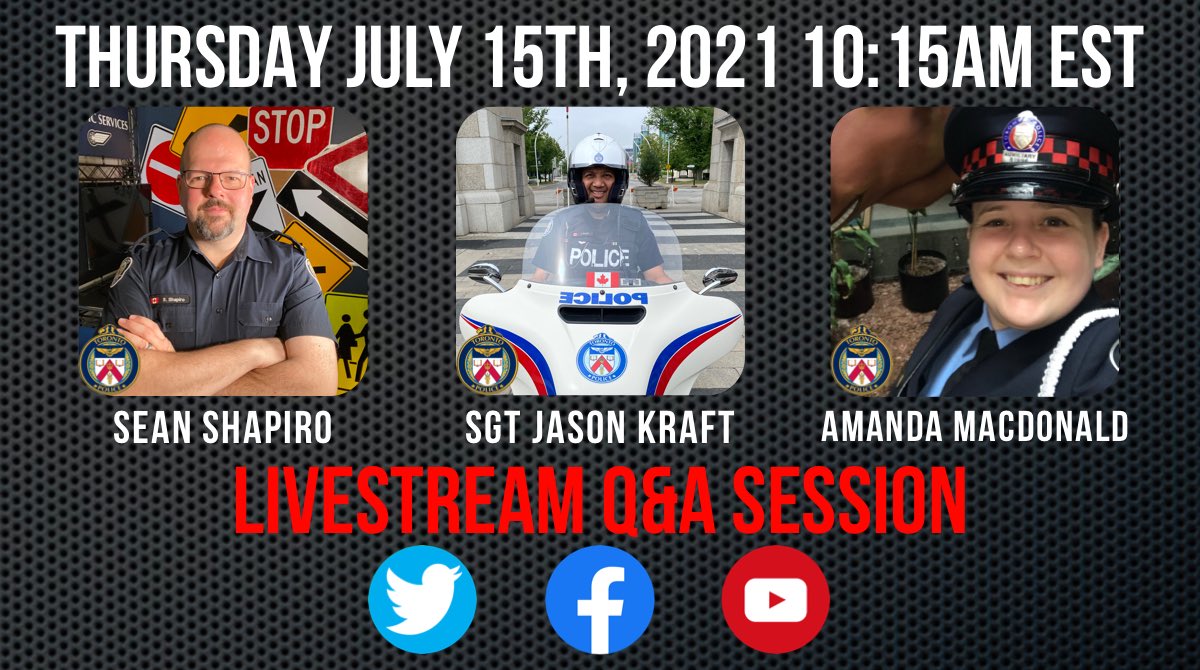 Join Sean & Jason of the @TorontoPolice Traffic Safety Programs Unit with Guest Auxiliary PC Amanda MacDonald. We’ll be discussing child car safety and all things #TrafficSafety in @CityofToronto and roads everywhere! Bring your questions for the #LIVE Q&A. @TPS_RMCarter