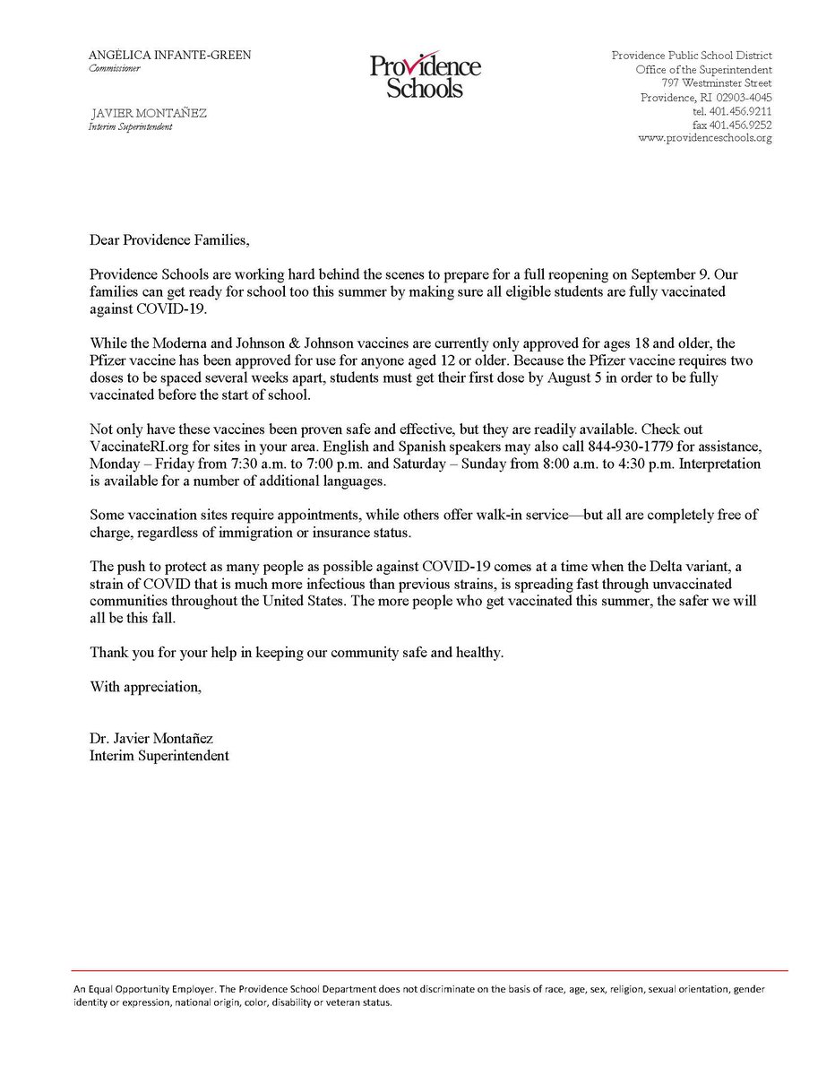 Please see a message from Interim Superintendent Javier Montañez encouraging all students ages 12 and over to get fully vaccinated before the new school year begins. 
providenceschools.org/covidvaccines