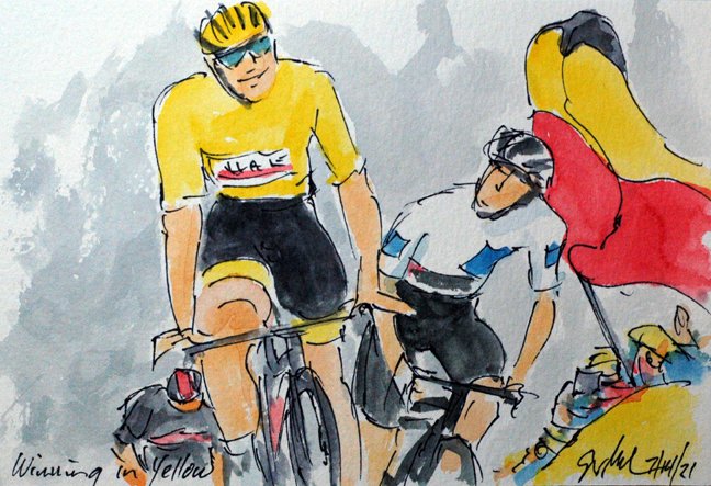 ArtofCycling's tweet photo. "Winning in Yellow" @TamauPogi @TeamEmiratesUAE wins atop the #ColDuPortet in the @MaillotjauneLCL 2nd for @jrp_off @Team_JumboVisma & 3rd for @RichardCarapazM @INEOSGrenadiers More #TDF2021 #cycling #art @ https://t.co/4j6uLsXUV0 #cyclisme #ciclismo #weilrennen @NBCSNCycling https://t.co/351HL9j2Xt