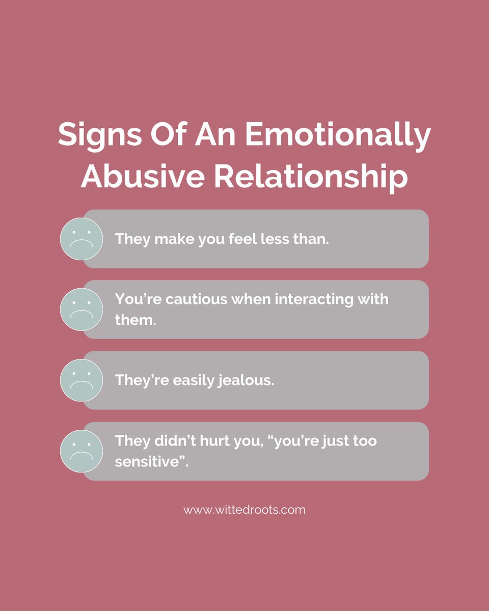 Do you have an idea of what emotional abuse means? Here are some signs of an emotionally abusive relationship you should look out for:

#wittedroots #WR #blackhealthylifestyle #blackmentalhealth #blackmentalwellness #blackwomenhealth #blackmentalhealthmatters
