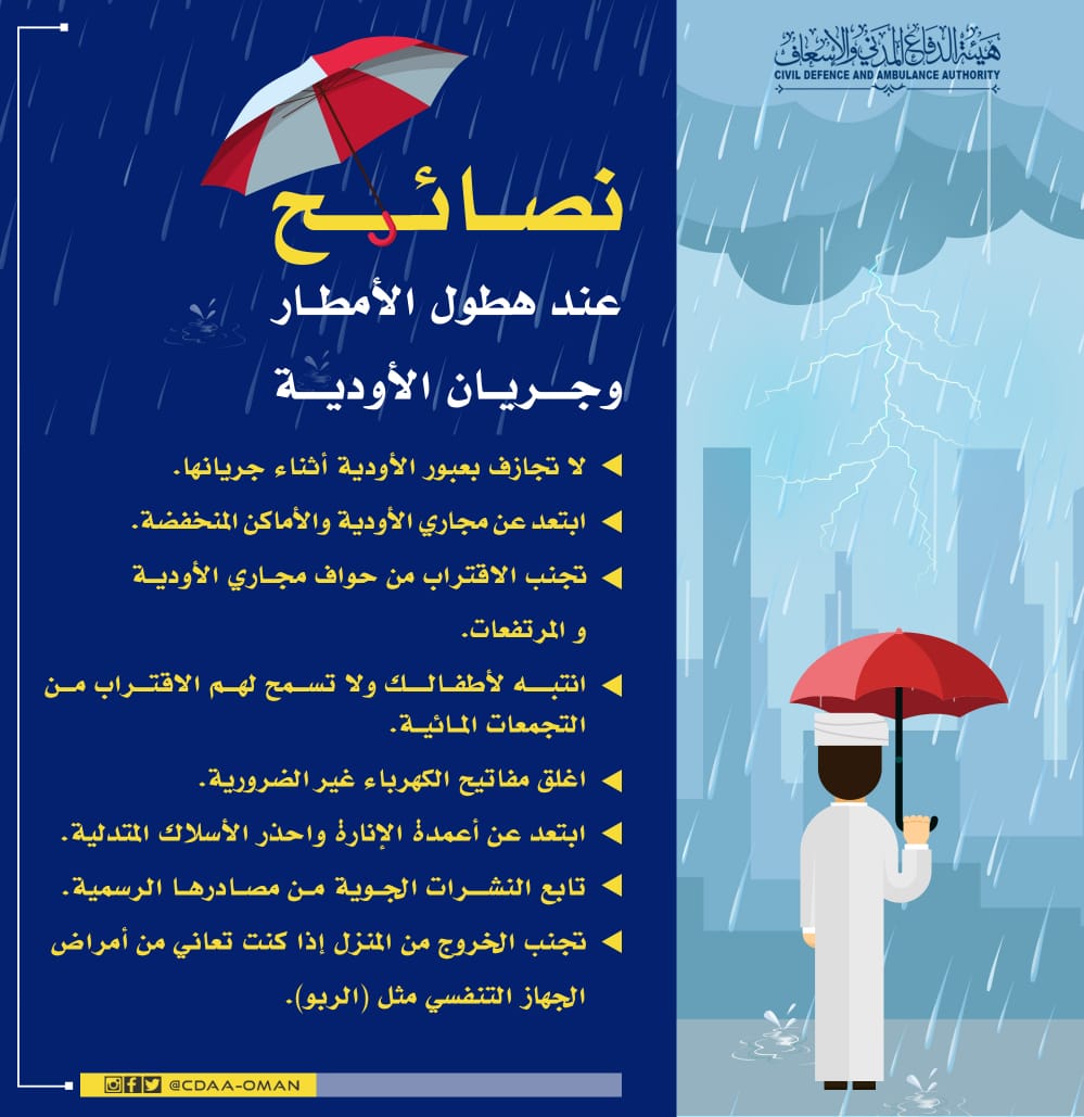 نصائح عند هطول الأمطار وجريان الأودية 
Recommendations during heavy rains and flasfloods
#هيئة_الدفاع_المدني_والإسعاف