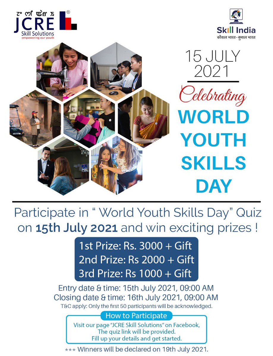 JCRE_Skill's tweet photo. Wishing all the stakeholders of skill ecosystem a Happy “World Youth Skills Day”. Let us push India ahead thru #SkillIndia. @Rajeev_GoI @blvermaup @kishanreddybjp @NBirenSingh @thsatyasingh @NSDCINDIA @MSDESkillIndia @niranjanlairen https://t.co/kX7J4ge2Bp