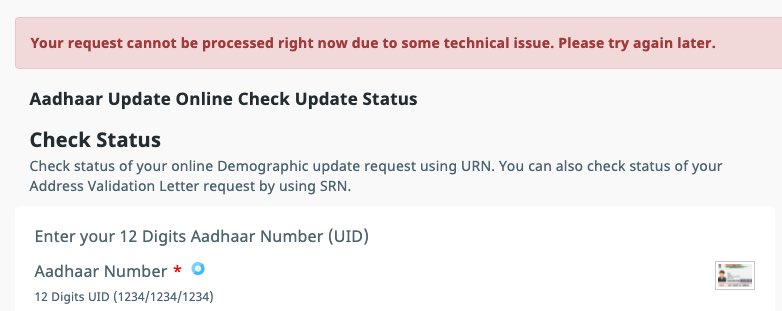 Mehuls_Solanki's tweet photo. From last 3 days I’m getting different errors to get status on demographics update. Provided documents and payment done.
@UIDAI Can you please let me know what to do?
3 days 😞 https://t.co/tpdN3Y5Ucz