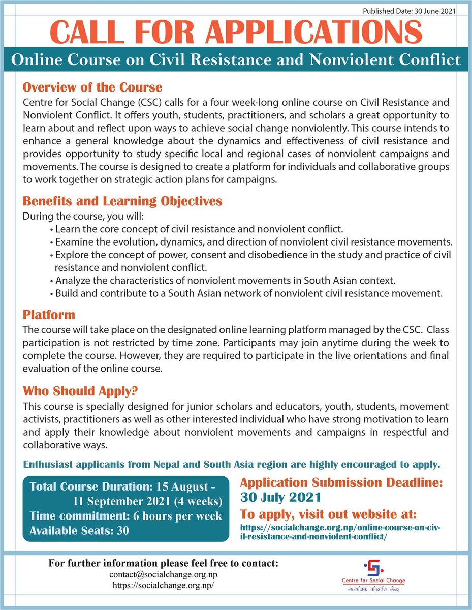 Ram Bhandari (@rambhandarinep) on Twitter photo Call for Applications <a href="/centre4social/">Centre For Social Change</a> #Nepal
"Online Course on Civil Resistance and Nonviolent Conflict"
Enthusiast applicants from Nepal and South Asia region are highly encouraged to apply here: socialchange.org.np/online-course-… Call for Applications <a href="/centre4social/">Centre For Social Change</a> #Nepal
"Online Course on Civil Resistance and Nonviolent Conflict"
Enthusiast applicants from Nepal and South Asia region are highly encouraged to apply here: socialchange.org.np/online-course-…