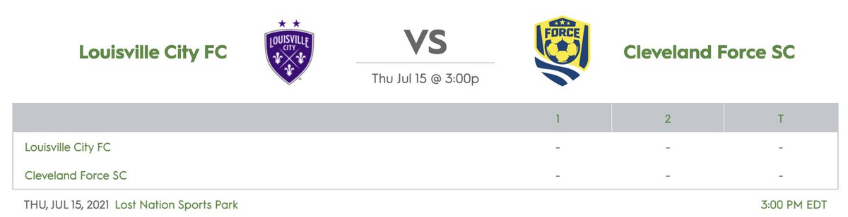 GAME NOTICE:
Date/Time: 7/15/21 (Thursday) / 3PM 
Game Info: <a href="/ClevForceSC/">Cleveland Force SC</a>  vs. <a href="/LouCityAcademy/">Louisville City FC Academy</a> 
League: USL Academy U19
Where: Lost Nation Sports Park
38630 Jet Center Place
Willoughby, OH 44094