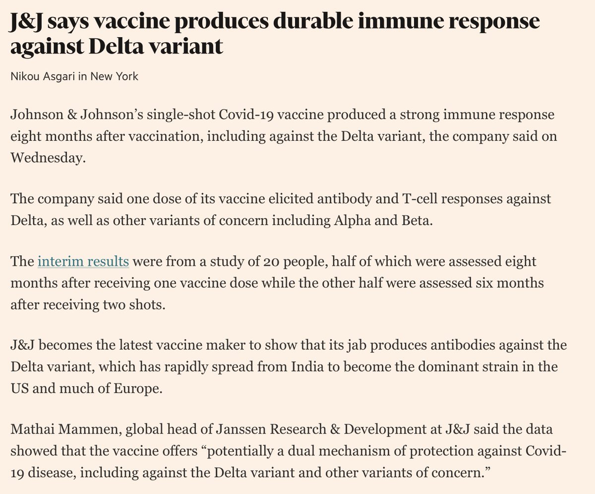 We needed some good news for this vaccine. This is it. No sign a booster vs Delta is necessary (study is limited by small number of participants) @FT by @nikasgari