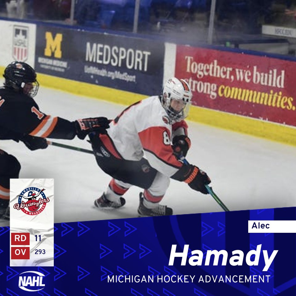 tphhockey's tweet photo. Congratulations to Alec Hamady for being selected 293rd in Round 11 of the NAHL Entry Draft by the Amarillo Wranglers. Alec is a Michigan Hockey Advancement Player. #TPHTrained https://t.co/rWZEVMwKn0