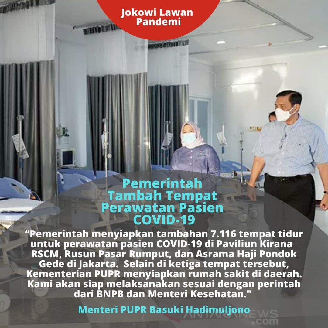 Pemerintah terus tambah tempat perawatan pasien Covid 19..

Bukan hanya di Jakarta, tetapi juga di RS daerah..

Jokowi Lawan Pandemi..