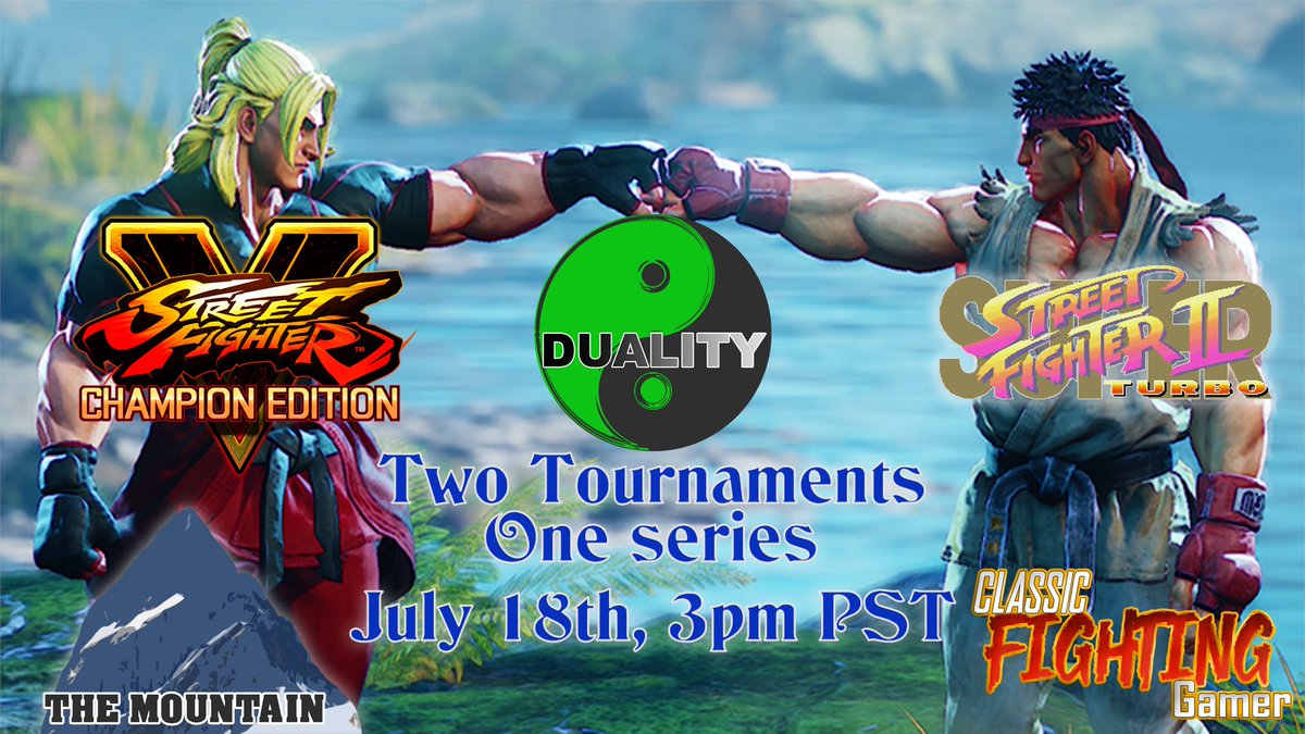 Our first DUALITY Tournament for STREET FIGHTER is coming this Sunday (7/18) with Street Fighter V and Super Street Fighter II Turbo! #SFV

Make sure to register here: smash.gg/tournament/dua…

Matcherinos: matcherino.com/t/dualitysfv1
matcherino.com/t/dualityst1/
