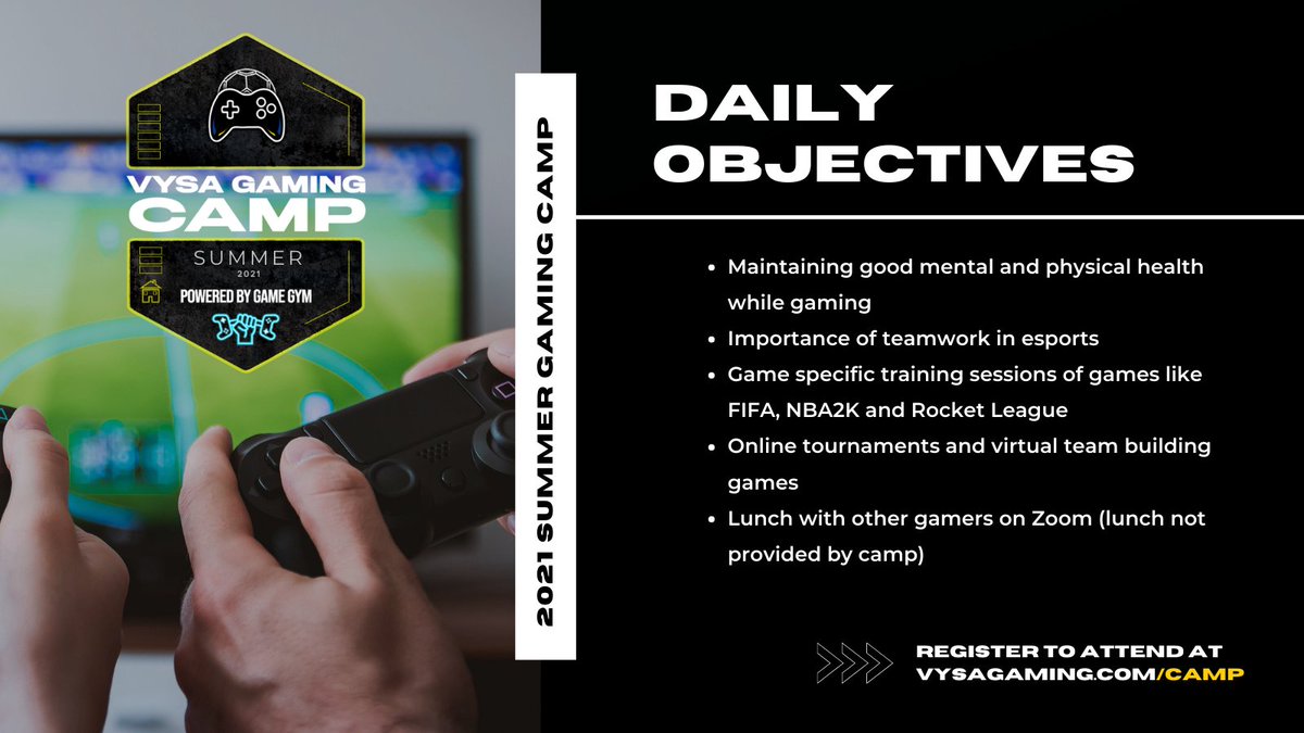 💡Learn more than just esports during our Gaming Camp sessions - <a href="/GameGymEsports/">Game Gym</a> coaches incorporate objectives on teamwork, mental and physical health &amp; more each day!

*Member discount at registration.

🔗Sign up today at vysagaming.com/camp
