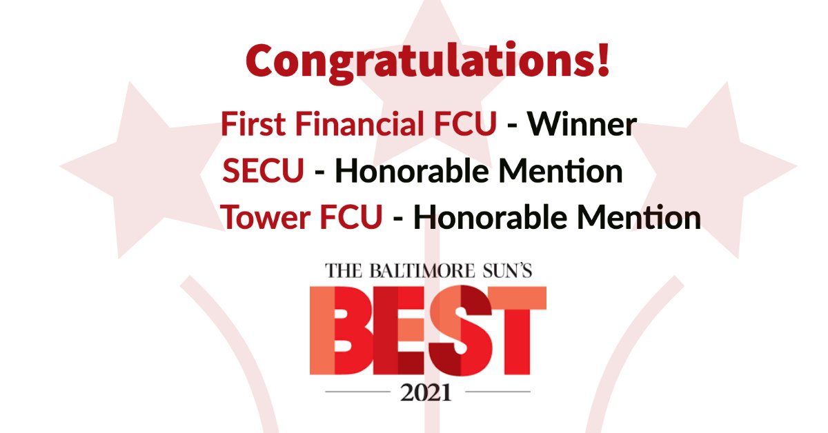 MDDCCUA's tweet photo. Congratulations @FFFCUofMD for being named 2021 Best Bank/Credit Union by @baltimoresun readers. @secuMD & Tower FCU both received honorable mentions. Nice to see the #CUdifference being recognized by consumers! @AACUL https://t.co/xTNUJ6Hk4V