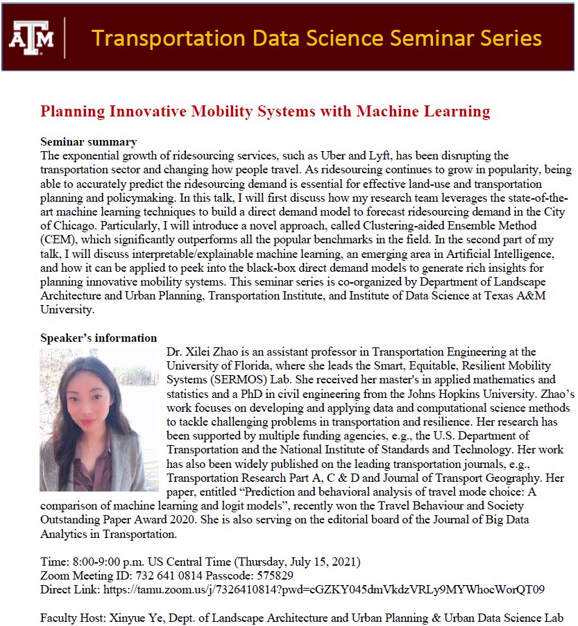 Computational Urban Science (@cusc_springer) on Twitter photo Please join our seminar series this Thursday, 8-9pm CDT, July 15 presented by Prof <a href="/xileizhao/">Dr. Xilei Zhao</a>. tamu.zoom.us/j/7326410814?p⦠Please join our seminar series this Thursday, 8-9pm CDT, July 15 presented by Prof <a href="/xileizhao/">Dr. Xilei Zhao</a>. tamu.zoom.us/j/7326410814?pā¦