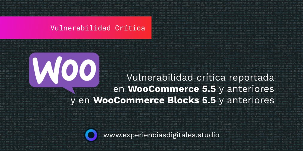 Vulnerabilidad crítica detectada en <a href="/WooCommerce/">Woo</a> y WooCommerce Blocks hasta las versiones 5.5
Recomendamos actualizar ambos plugins a la versión 5.5.1

#WooCommerce #WordPress #ExperienciasDigitales