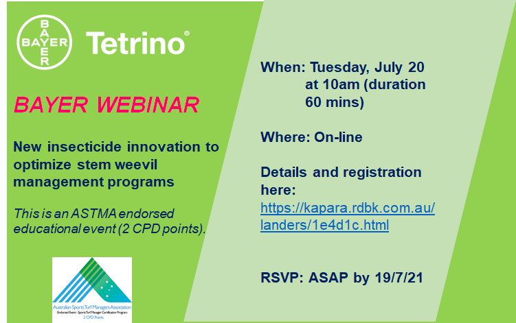 TheASTMA's tweet photo. ASTMA Silver Partner Bayer hosting a webinar next Tues 20 July on ASW management and Tetrino insecticide. ASTMA Certification Program members will receive 2 CPD points for attending. More info, register here https://t.co/XfbC9Nnxeu @Amplify_Turf https://t.co/Xb4rJ4on3v