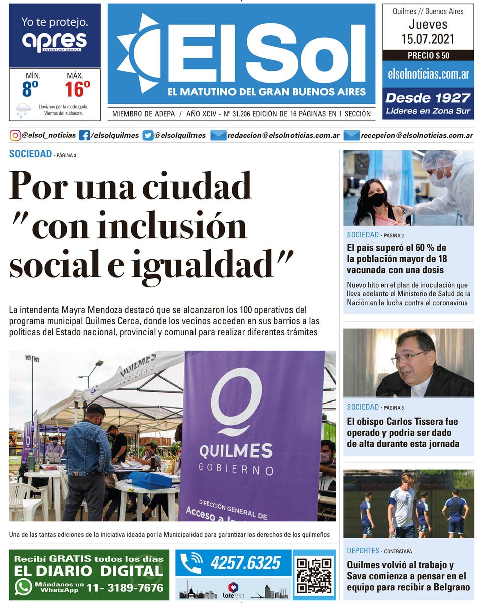 elsolquilmes's tweet photo. Esta es la portada de Diario El Sol en su edición correspondiente al Jueves 15-7-2021
#SomosQuilmes #QuilmesCerca #100Ediciones #VacunacionCOVID #NuevoHito #Obispo #OperacionExitosa #Deportes #QAC
@mayrasmendoza @alferdez @Kicillofok @DiocesisQuilmes @qacoficial https://t.co/8NbbzydaxQ