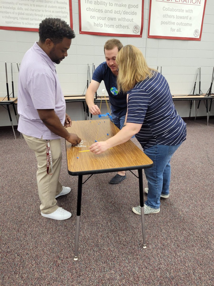 Taking time to build community and develop our collaboration skills. #weAREwestosha #guidingcoalition #teamworkmakesthedreamwork #marshmallowtowerchallenge